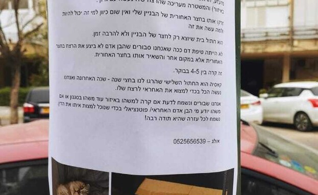 מודעה ללכידת רוצח החתולים של רמת גן (צילום: פרטי) מודעה ללכידת רוצח החתולים של רמת גן (צילום: פרטי)